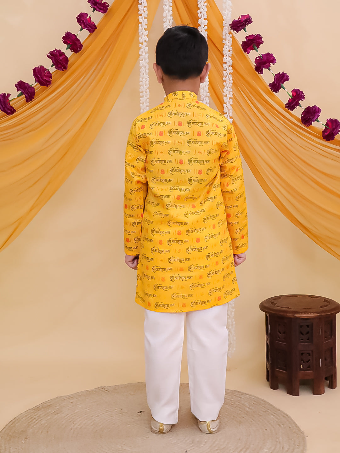 Yellow Cotton Full sleeves Ganesha Printed Kurta Pyjama Set