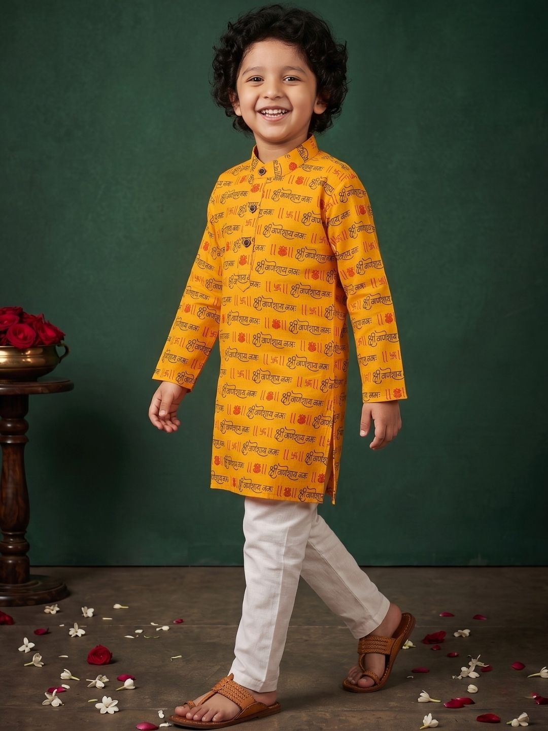 Yellow Cotton Full sleeves Ganesha Printed Kurta Pyjama Set