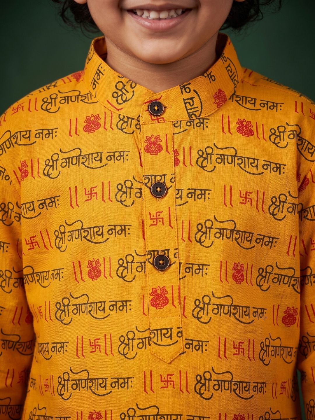 Yellow Cotton Full sleeves Ganesha Printed Kurta Pyjama Set