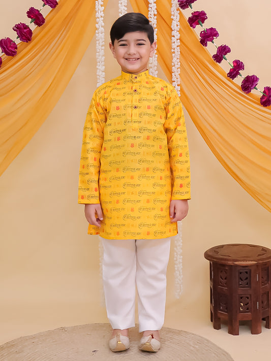 Yellow Cotton Full sleeves Ganesha Printed Kurta Pyjama Set