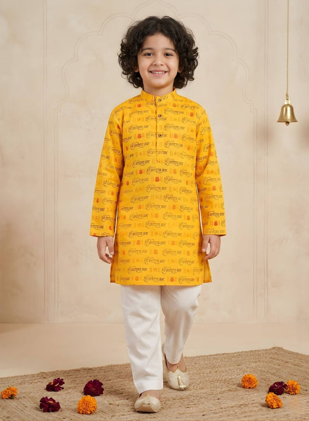 Yellow Cotton Full sleeves Ganesha Printed Kurta Pyjama Set