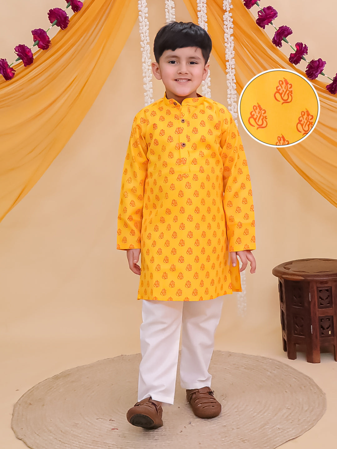 Boys Yellow Cotton Full sleeves Ganesh Idol Printed Kurta Pyjama Set