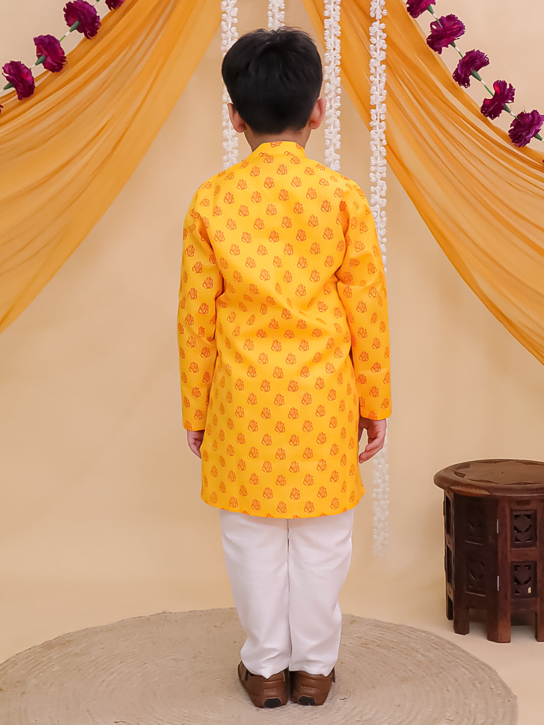 Boys Yellow Cotton Full sleeves Ganesh Idol Printed Kurta Pyjama Set
