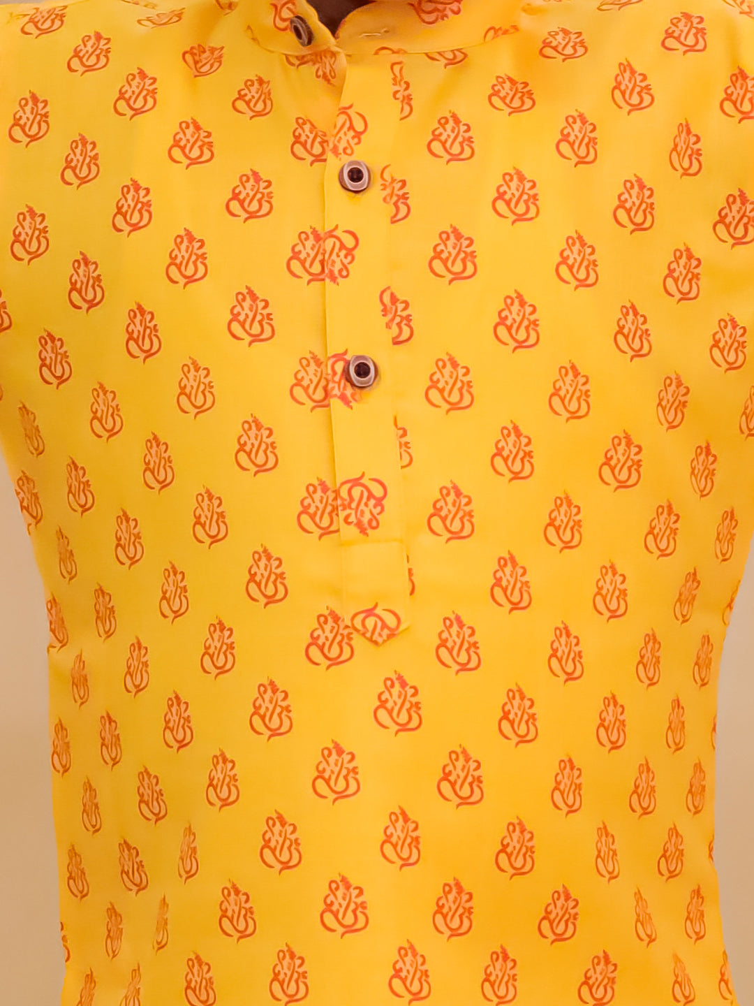 Boys Yellow Cotton Full sleeves Ganesh Idol Printed Kurta Pyjama Set