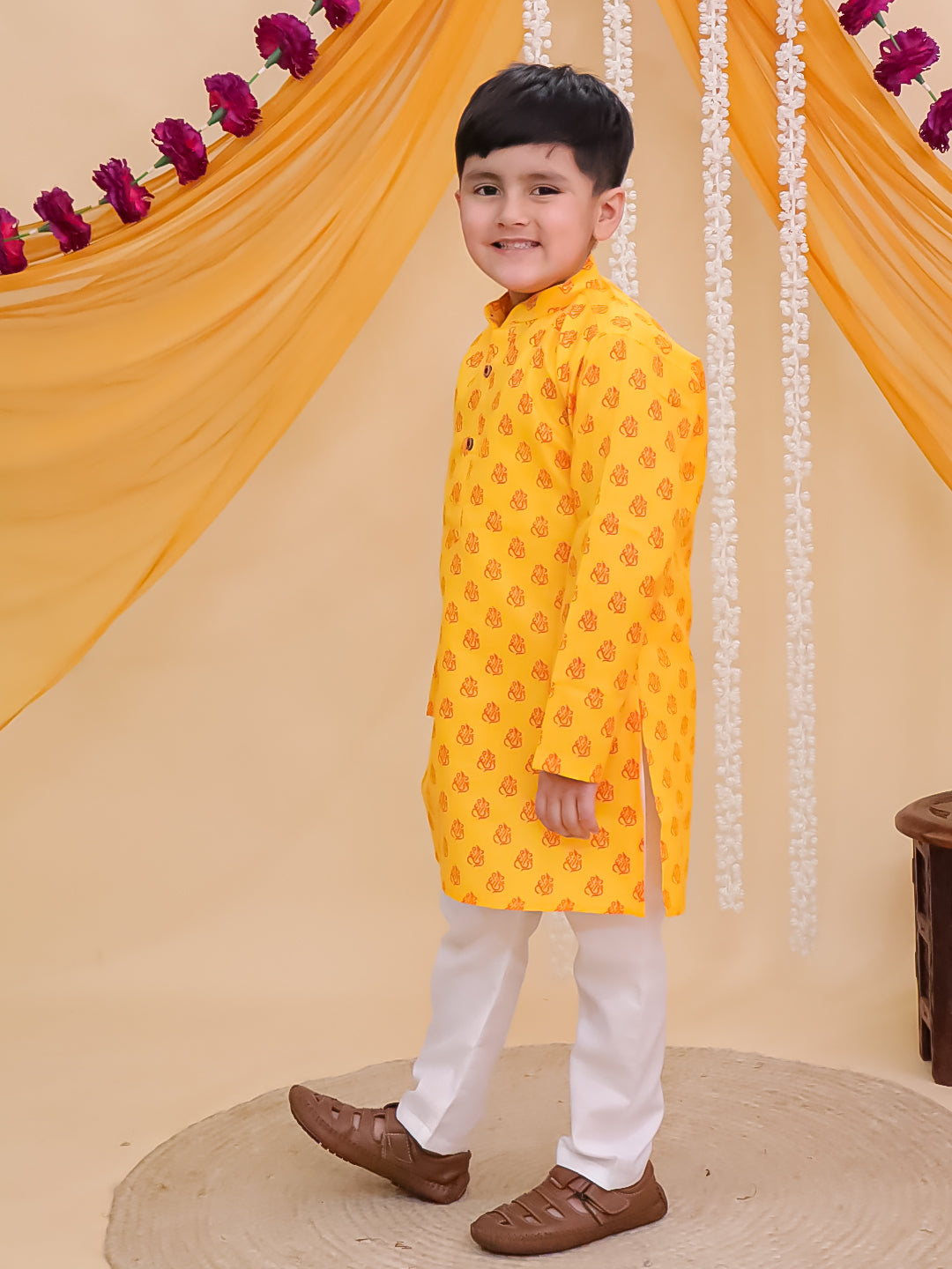 Boys Yellow Cotton Full sleeves Ganesh Idol Printed Kurta Pyjama Set