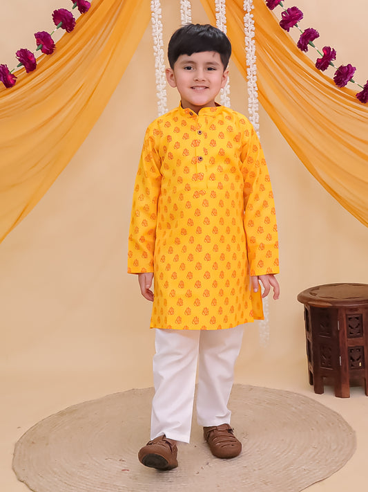 Boys Yellow Cotton Full sleeves Ganesh Idol Printed Kurta Pyjama Set