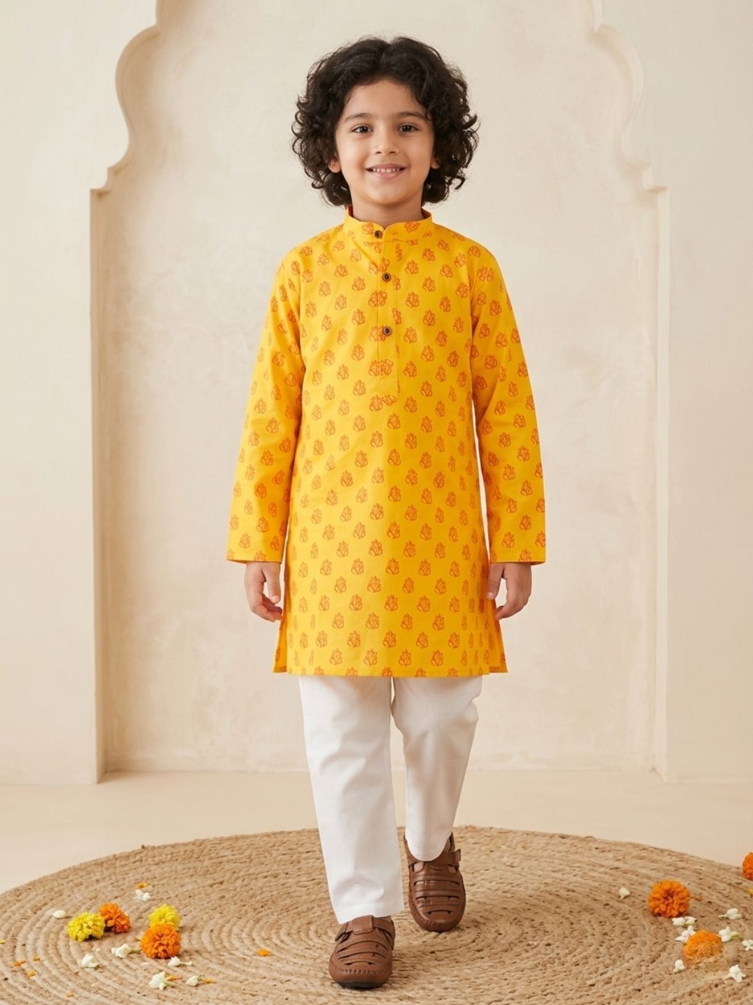 Boys Yellow Cotton Full sleeves Ganesh Idol Printed Kurta Pyjama Set