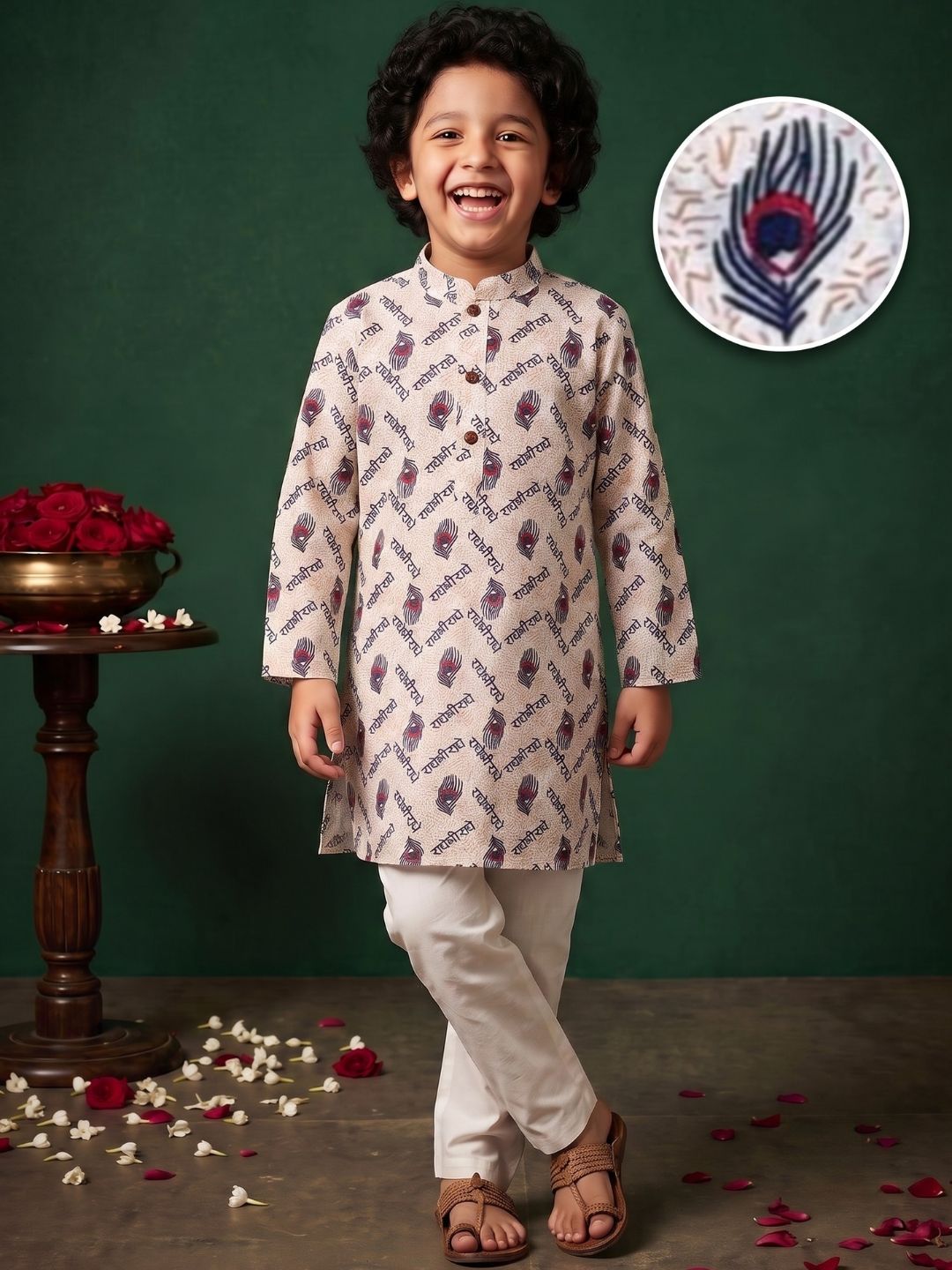 Blue Cotton Full sleeves Krishna Printed Kurta Pyjama Set