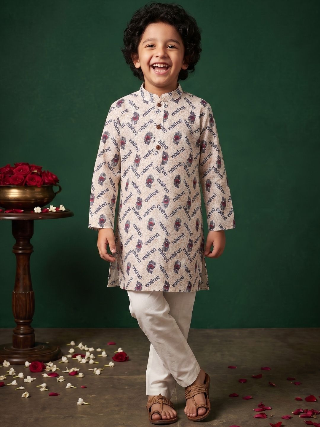 Blue Cotton Full sleeves Krishna Printed Kurta Pyjama Set