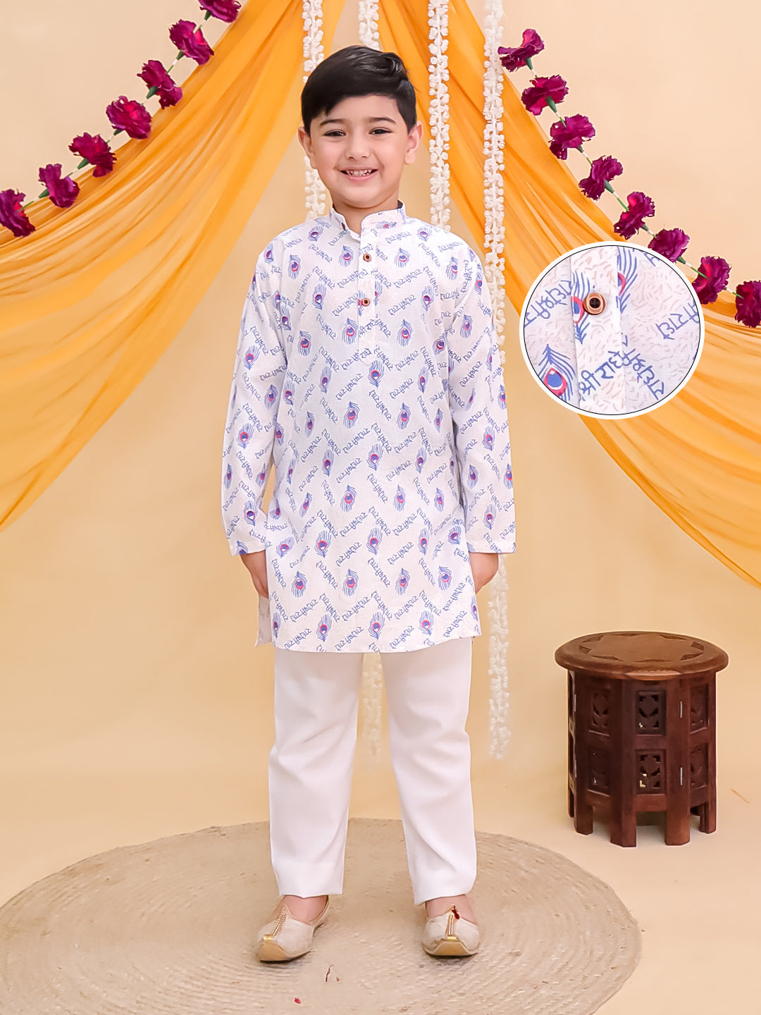 Blue Cotton Full sleeves Krishna Printed Kurta Pyjama Set