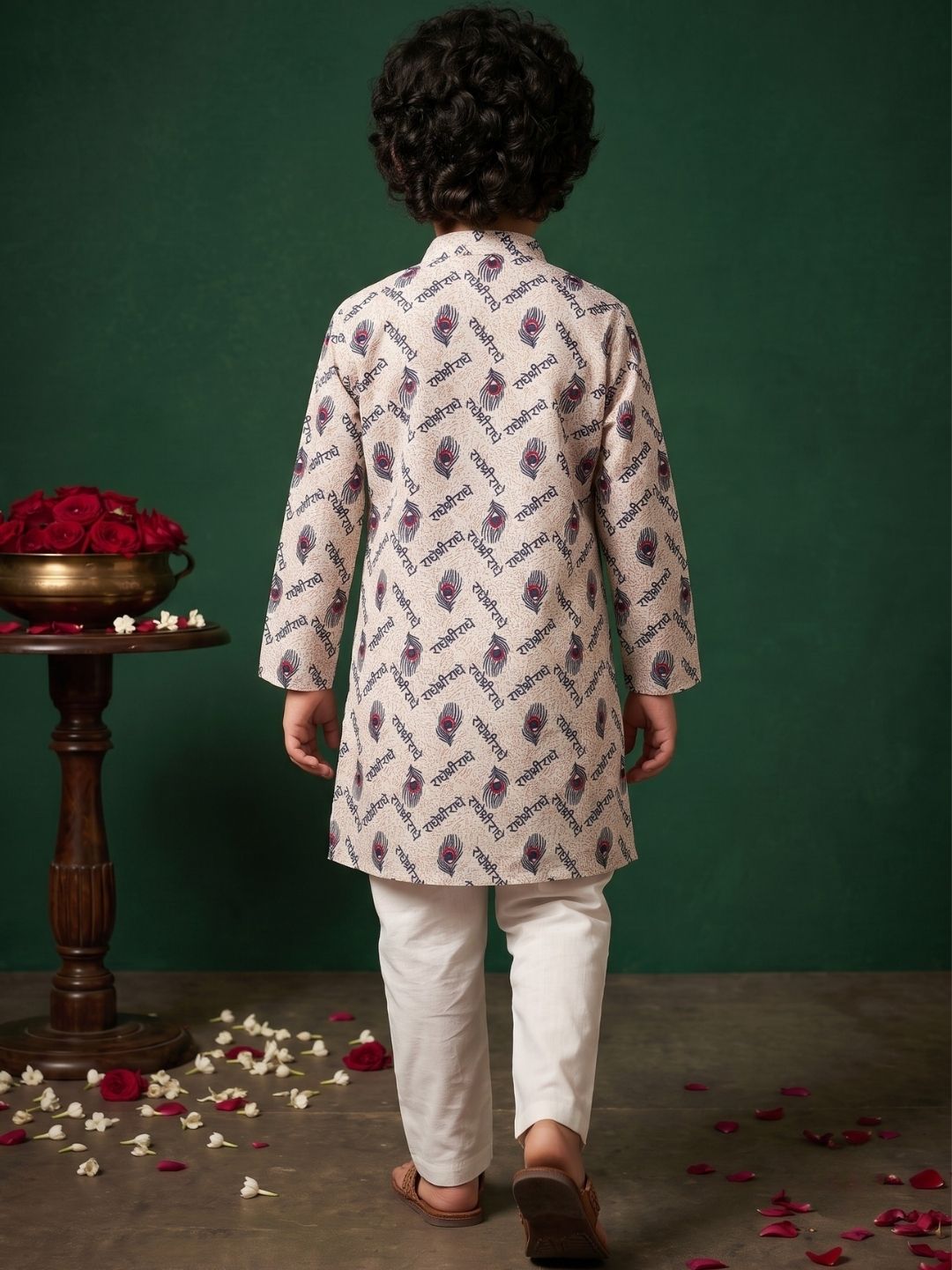 Blue Cotton Full sleeves Krishna Printed Kurta Pyjama Set