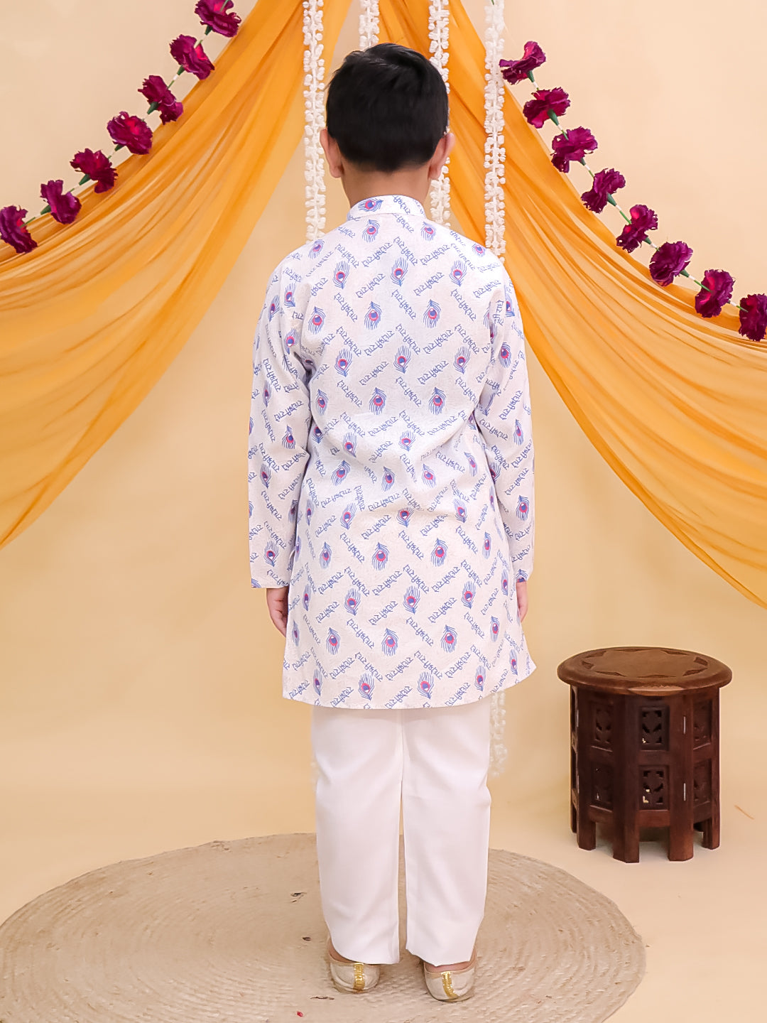 Blue Cotton Full sleeves Krishna Printed Kurta Pyjama Set
