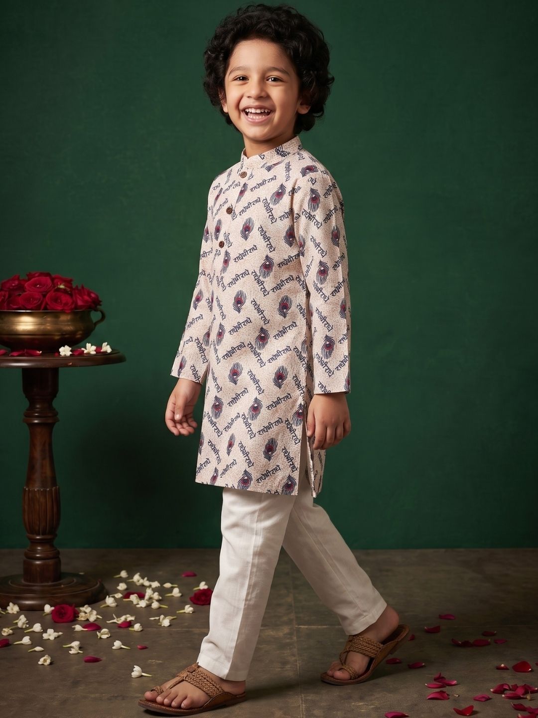 Blue Cotton Full sleeves Krishna Printed Kurta Pyjama Set