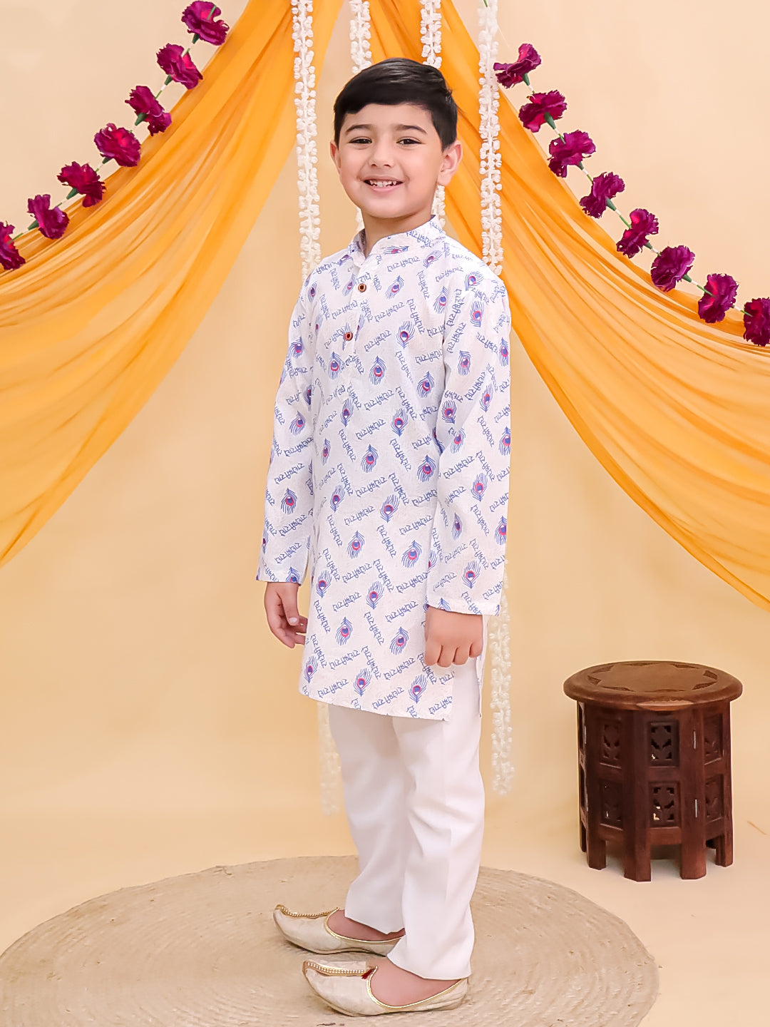 Blue Cotton Full sleeves Krishna Printed Kurta Pyjama Set