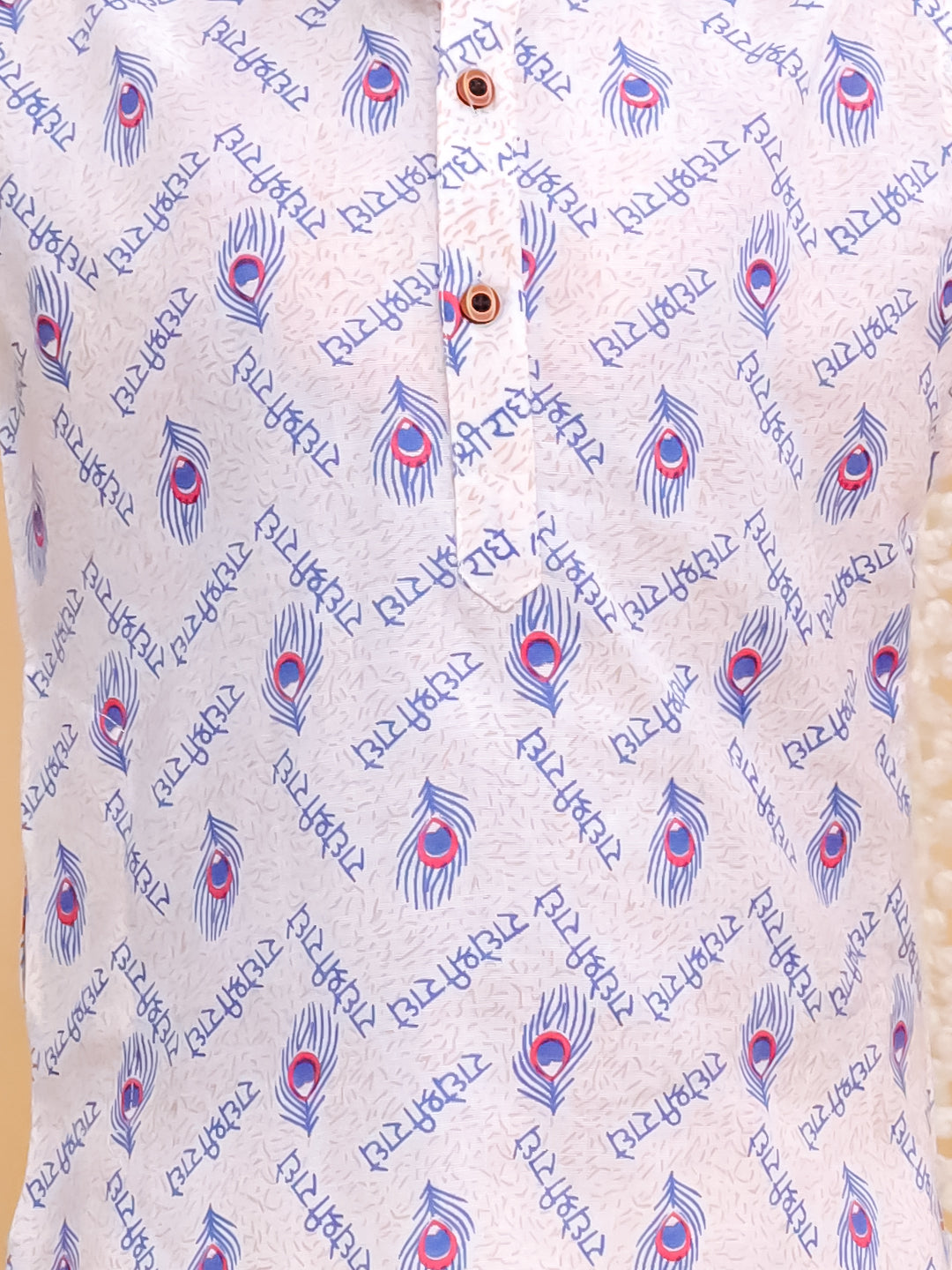 Blue Cotton Full sleeves Krishna Printed Kurta Pyjama Set