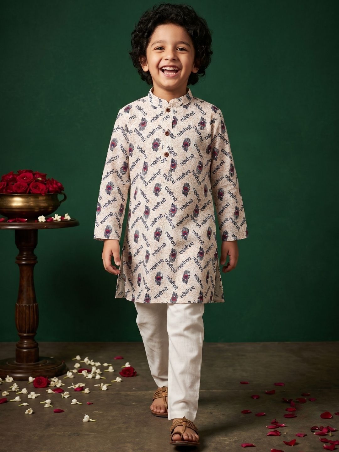 Blue Cotton Full sleeves Krishna Printed Kurta Pyjama Set