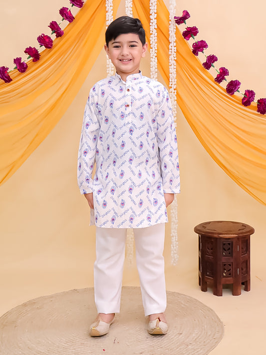 Blue Cotton Full sleeves Krishna Printed Kurta Pyjama Set