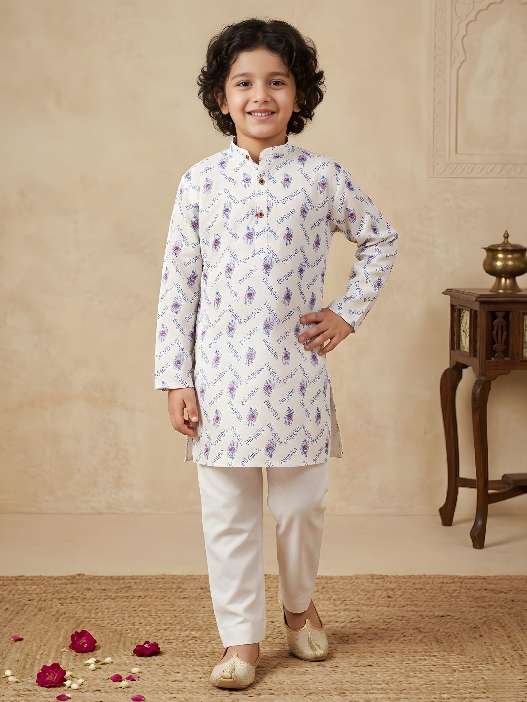 Blue Cotton Full sleeves Krishna Printed Kurta Pyjama Set