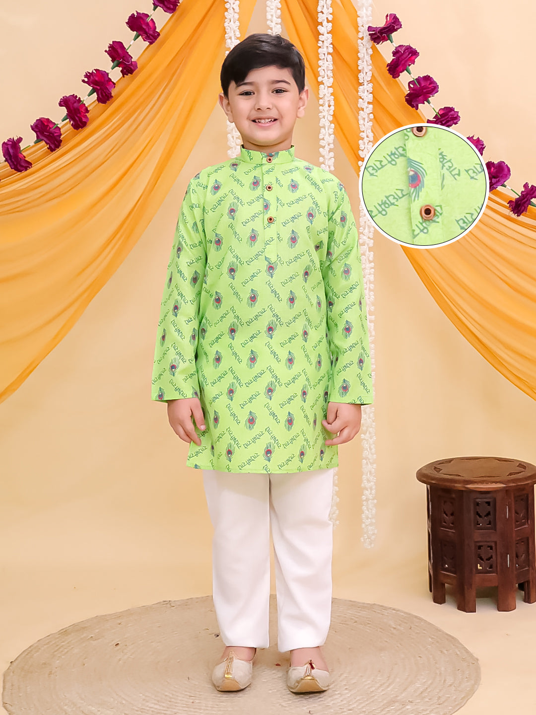 Green Cotton Full sleeves Krishna Printed Kurta Pyjama Set