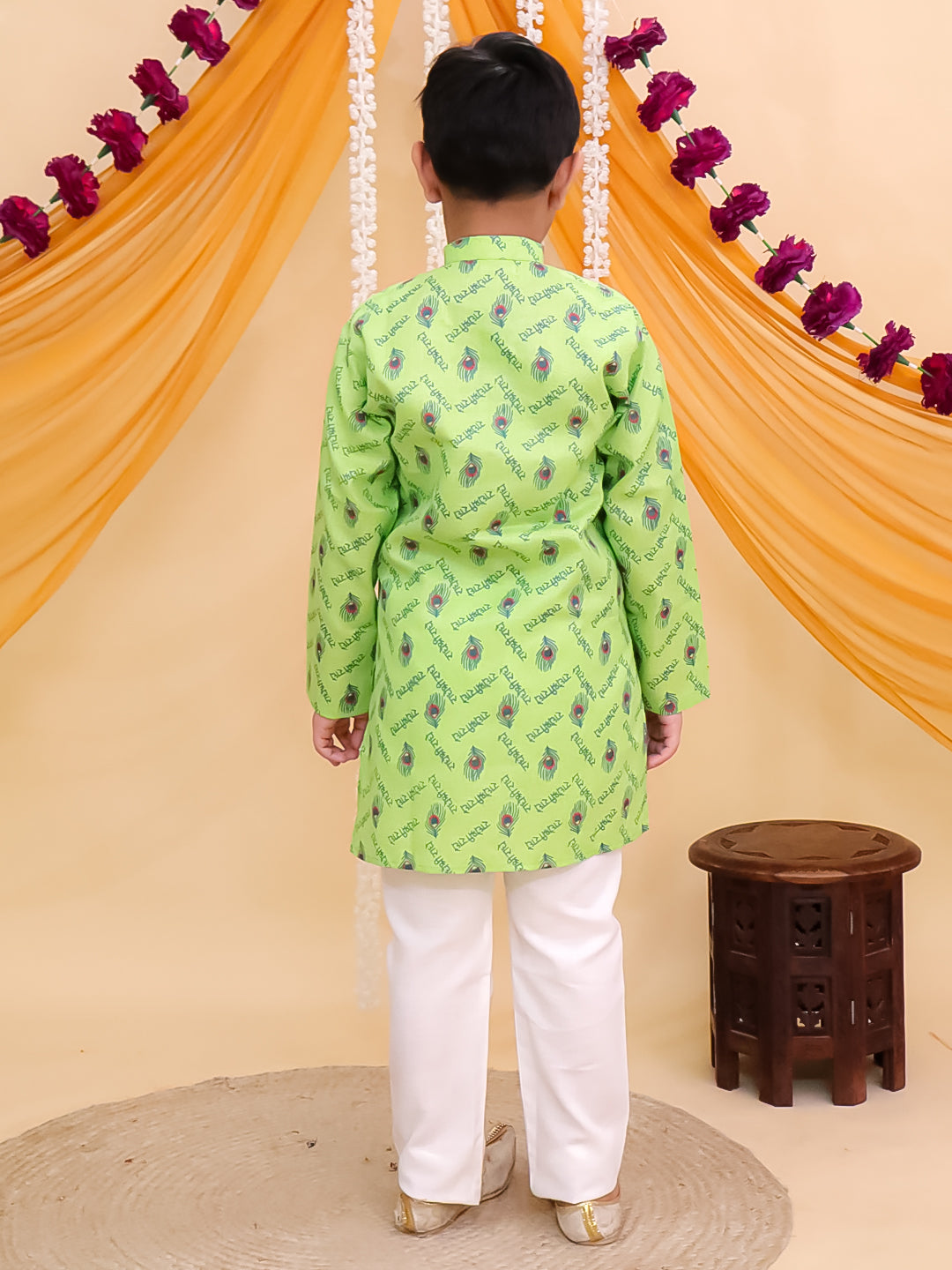 Green Cotton Full sleeves Krishna Printed Kurta Pyjama Set