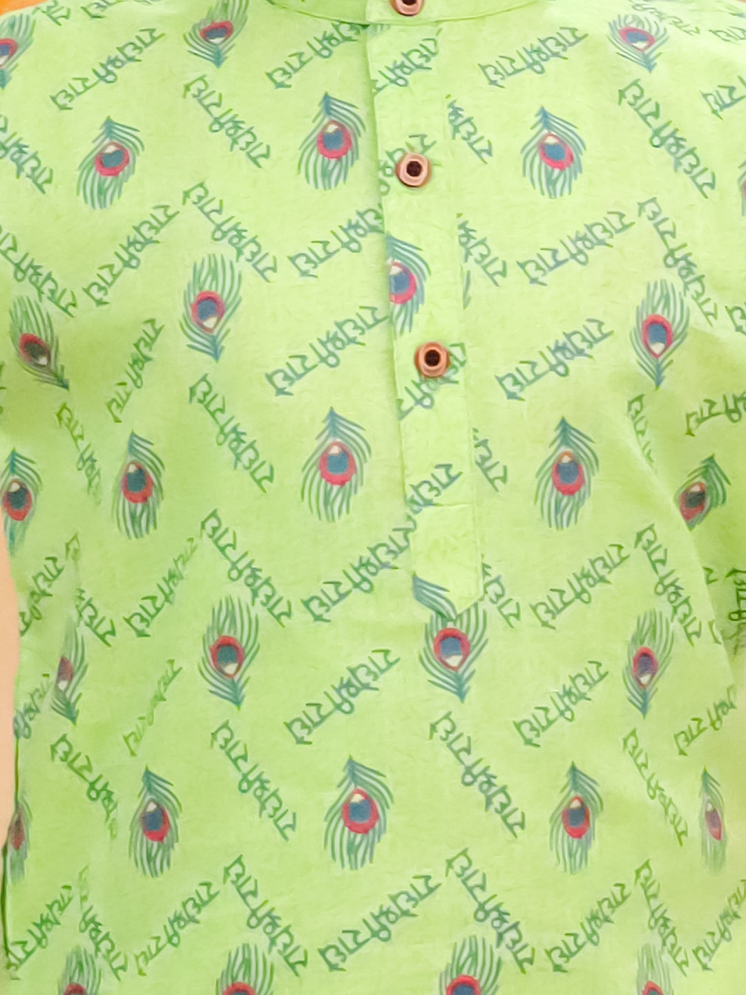 Green Cotton Full sleeves Krishna Printed Kurta Pyjama Set