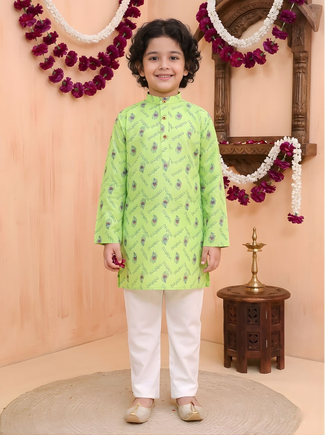 Green Cotton Full sleeves Krishna Printed Kurta Pyjama Set
