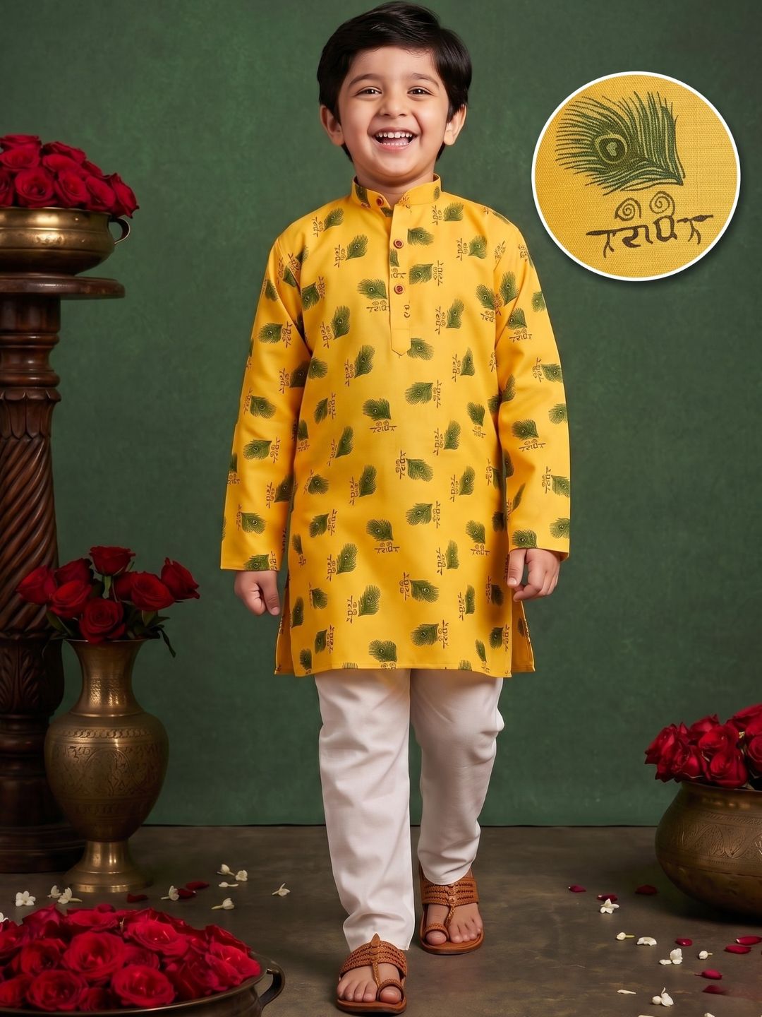 Yellow Cotton Full sleeves Krishna Mor Pankh Printed Kurta Pyjama Set