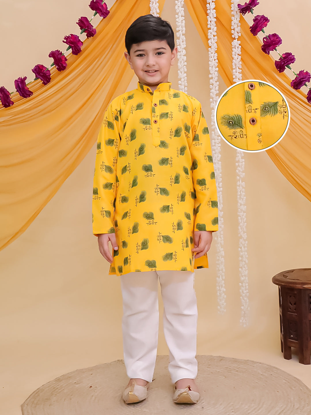 Yellow Cotton Full sleeves Krishna Mor Pankh Printed Kurta Pyjama Set