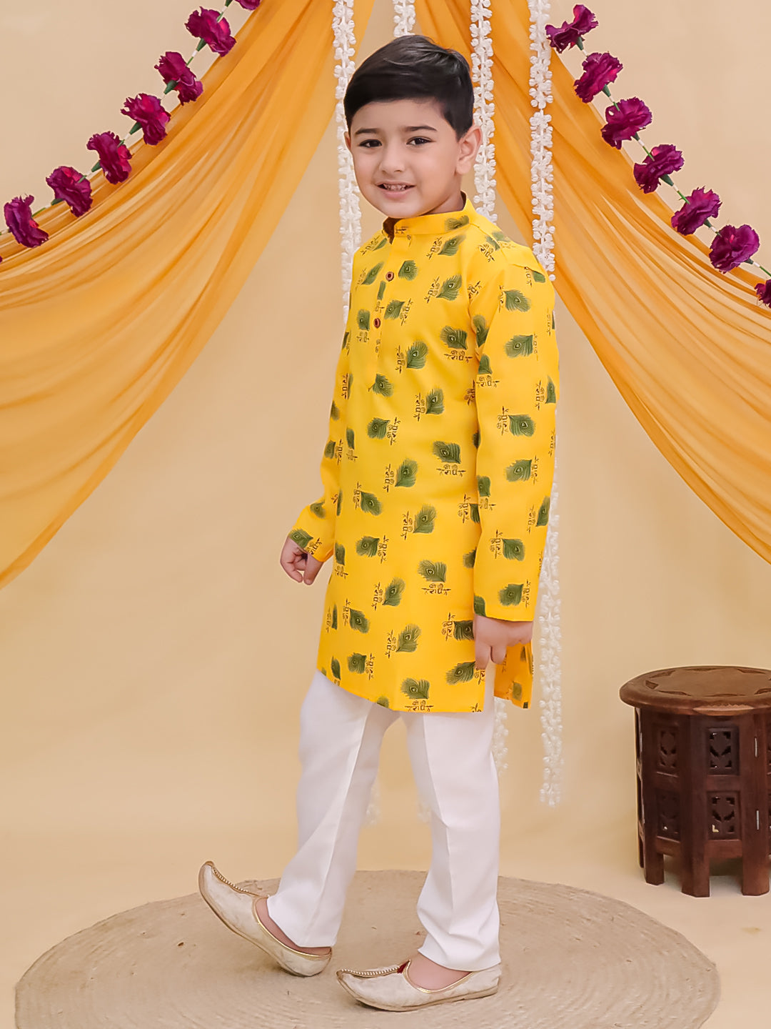 Yellow Cotton Full sleeves Krishna Mor Pankh Printed Kurta Pyjama Set