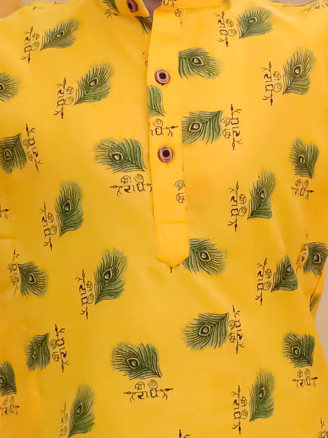 AJ Dezines Yellow Cotton Full sleeves Krishna Mor Pankh Printed Kurta Pyjama Set