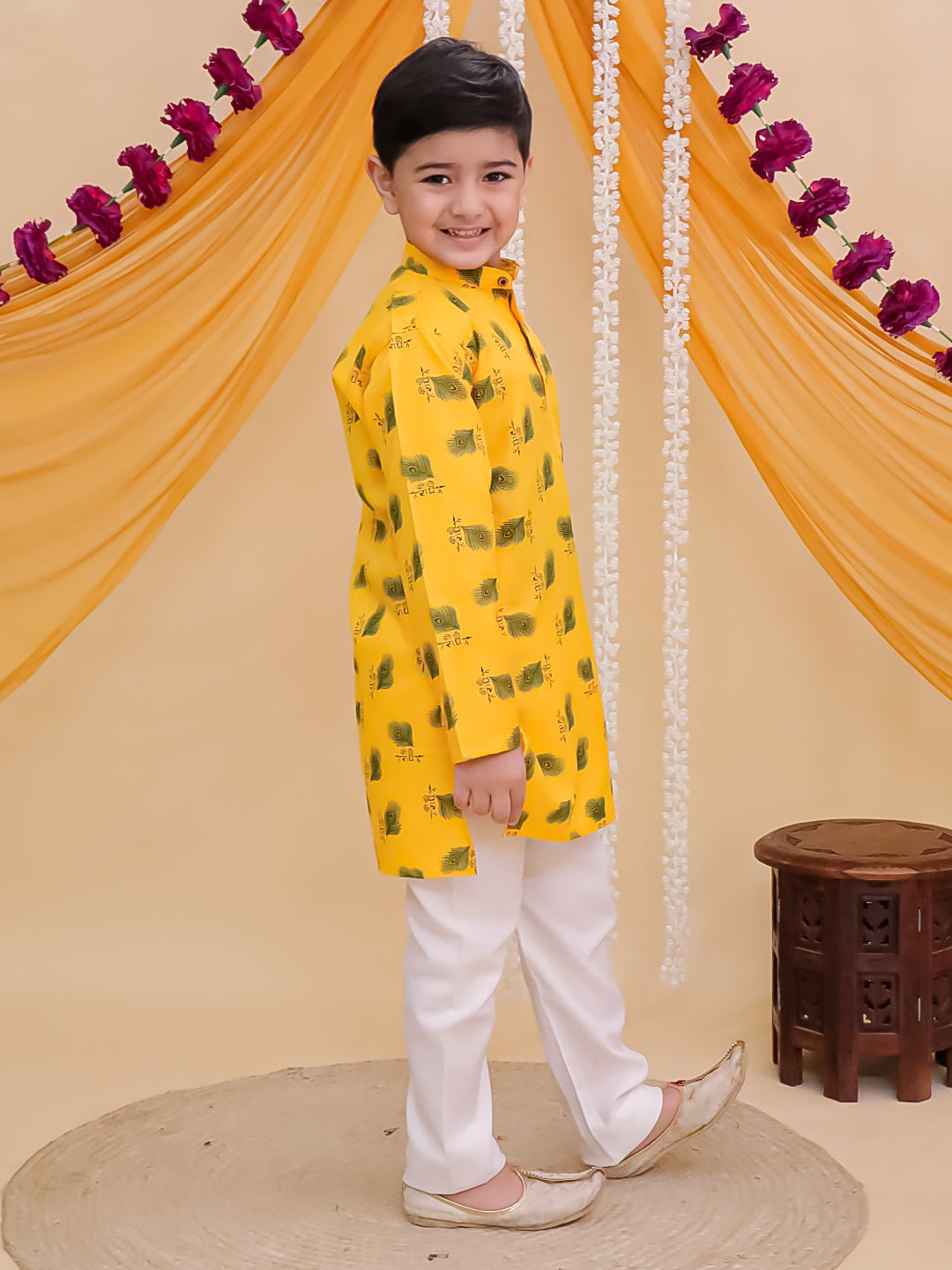 AJ Dezines Yellow Cotton Full sleeves Krishna Mor Pankh Printed Kurta Pyjama Set