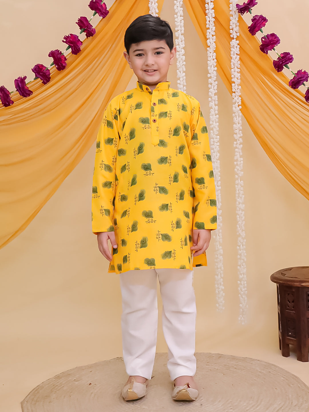 AJ Dezines Yellow Cotton Full sleeves Krishna Mor Pankh Printed Kurta Pyjama Set