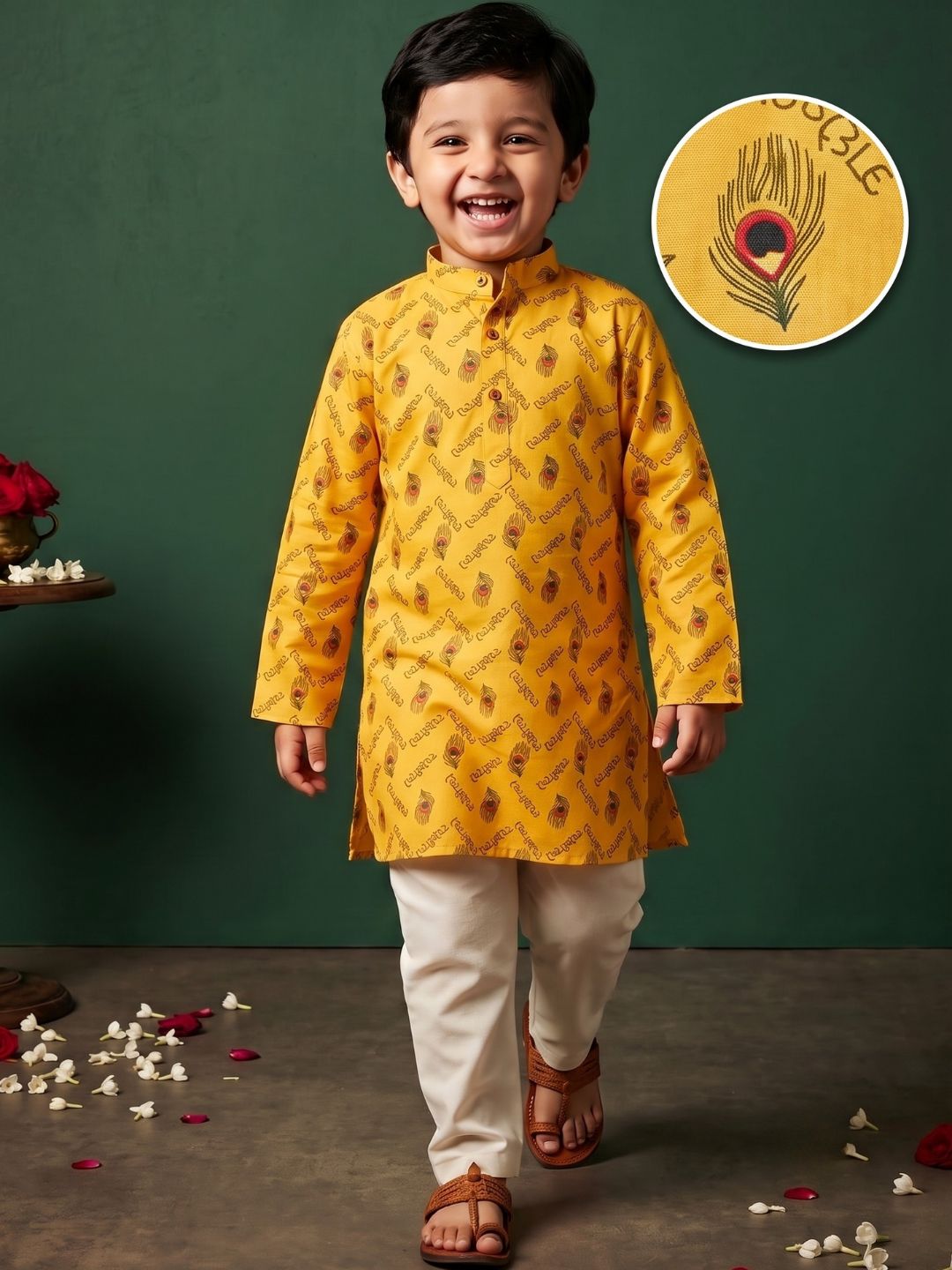 Boys Yellow Cotton Full sleeves Krishna Printed Kurta Pyjama Set