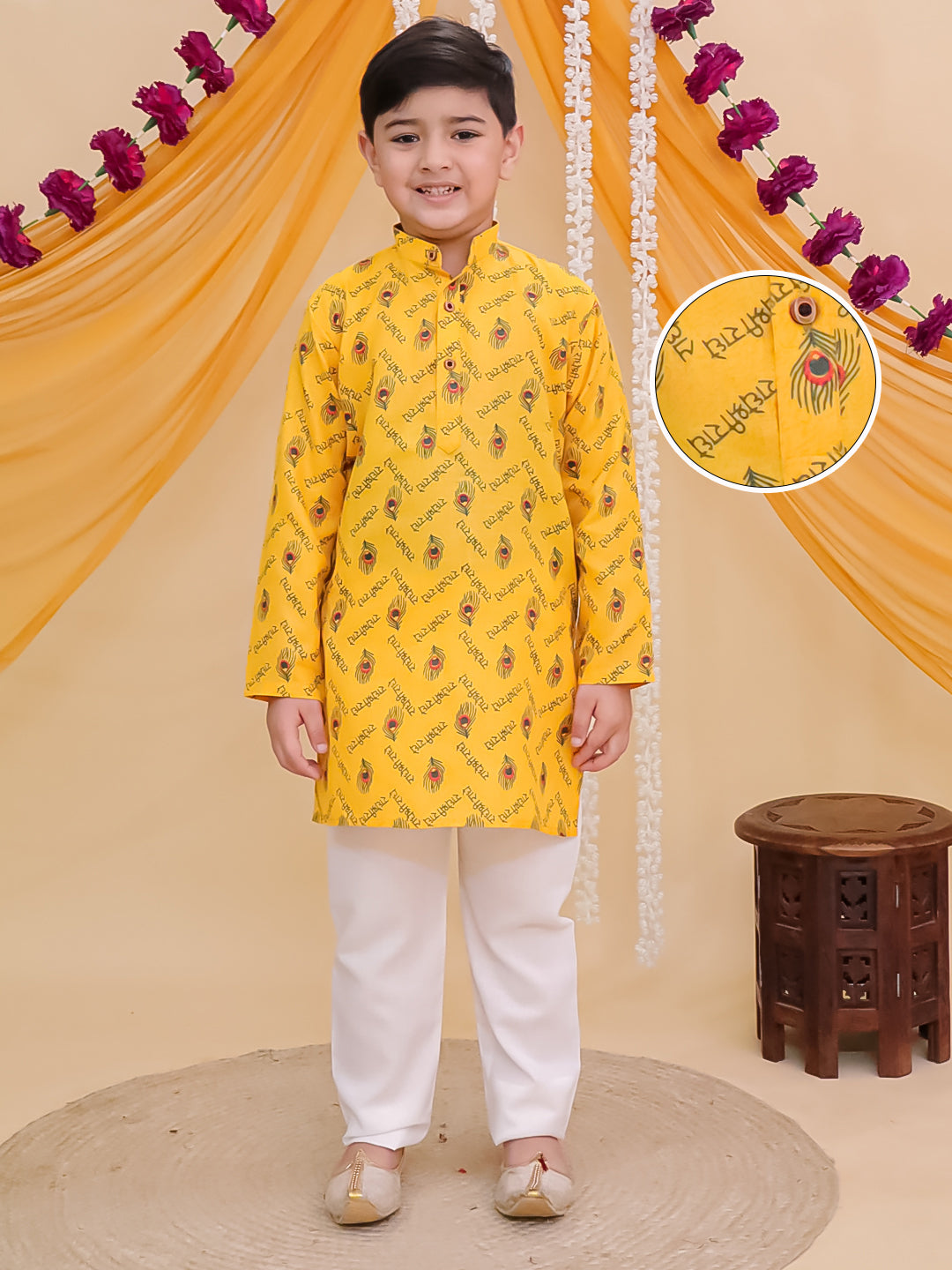 Boys Yellow Cotton Full sleeves Krishna Printed Kurta Pyjama Set
