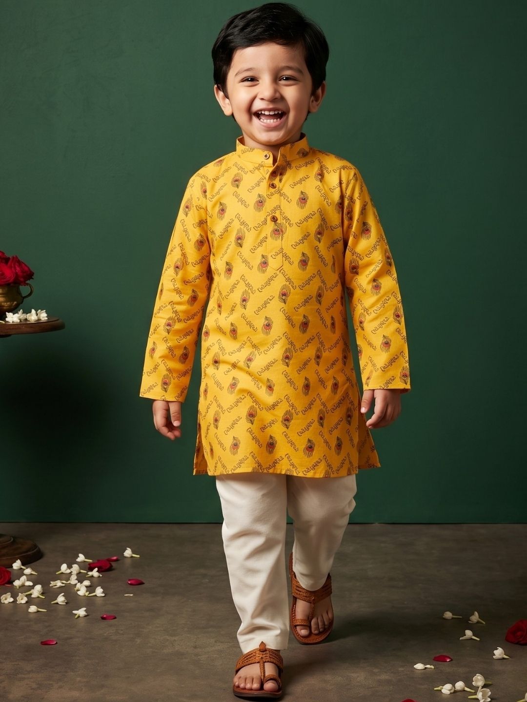 Boys Yellow Cotton Full sleeves Krishna Printed Kurta Pyjama Set