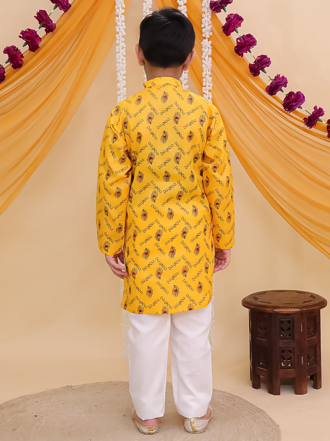 Boys Yellow Cotton Full sleeves Krishna Printed Kurta Pyjama Set