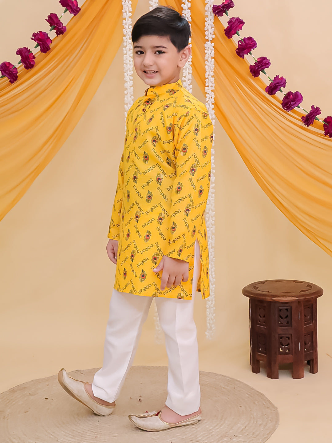 Boys Yellow Cotton Full sleeves Krishna Printed Kurta Pyjama Set