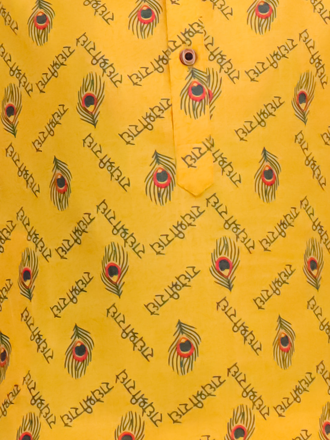 Boys Yellow Cotton Full sleeves Krishna Printed Kurta Pyjama Set