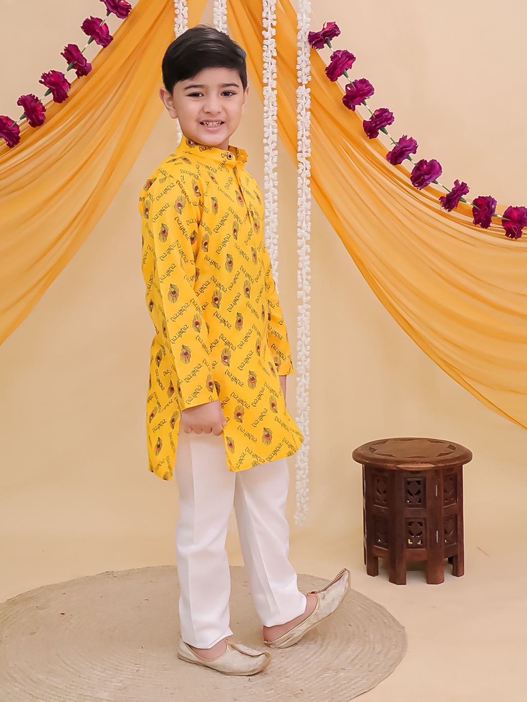 Boys Yellow Cotton Full sleeves Krishna Printed Kurta Pyjama Set