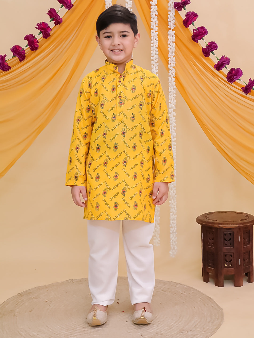 Boys Yellow Cotton Full sleeves Krishna Printed Kurta Pyjama Set