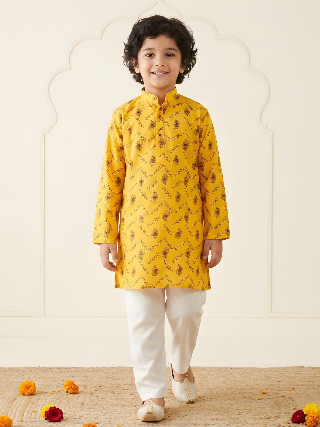 Boys Yellow Cotton Full sleeves Krishna Printed Kurta Pyjama Set