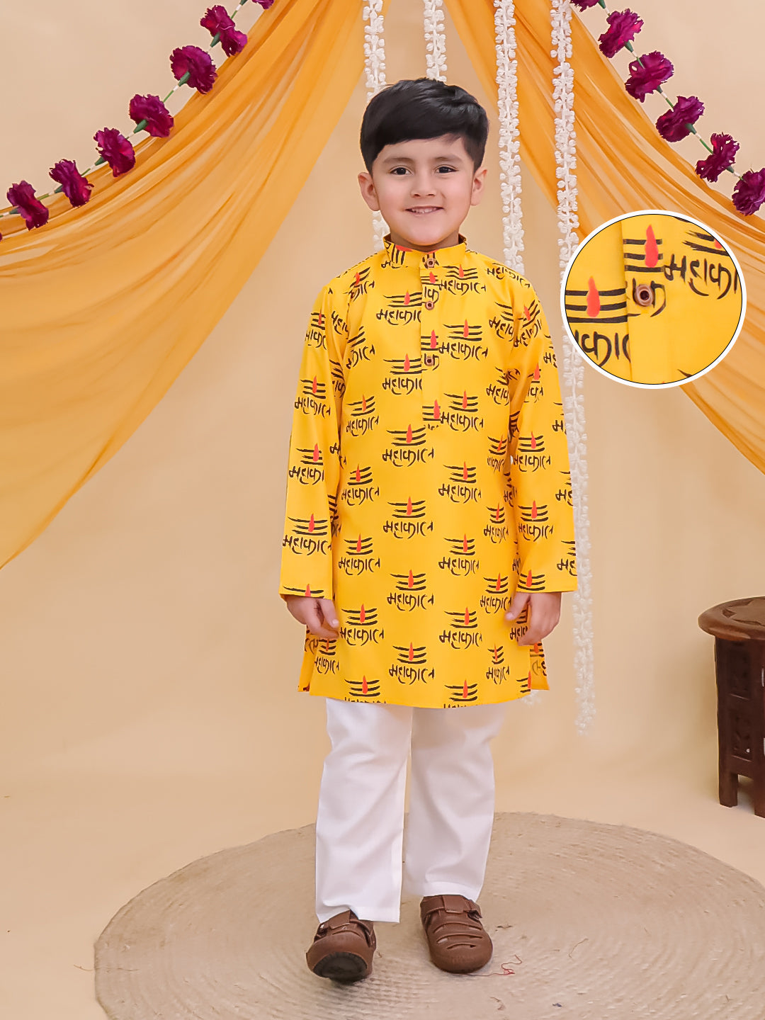 Boys Yellow Cotton Full sleeves Mahakal Printed Kurta Pyjama Set