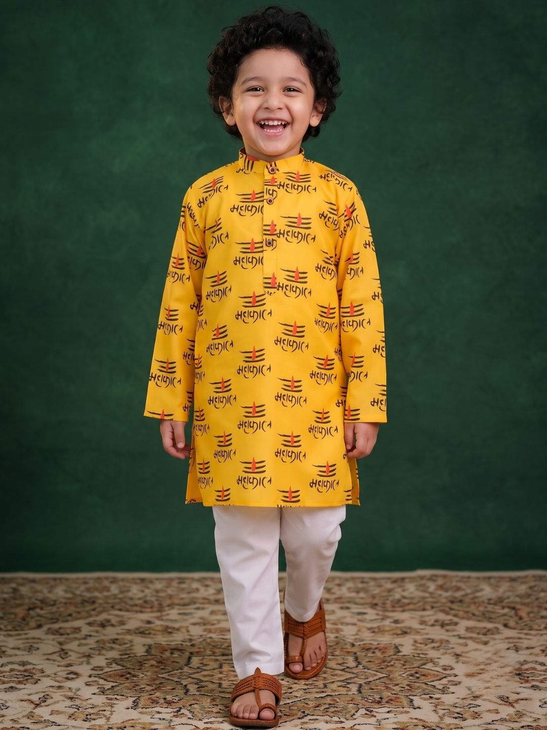 Boys Yellow Cotton Full sleeves Mahakal Printed Kurta Pyjama Set
