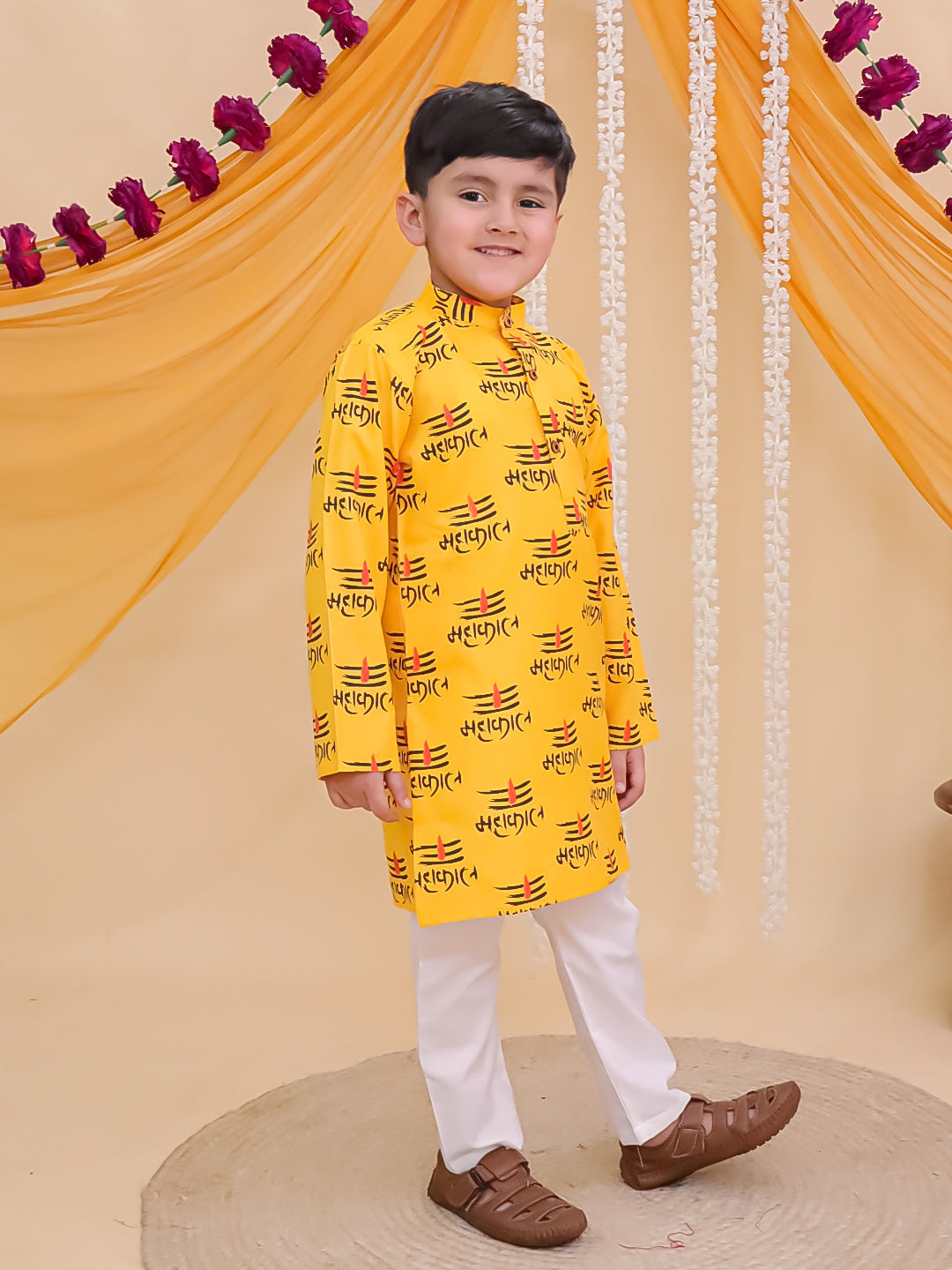 Boys Yellow Cotton Full sleeves Mahakal Printed Kurta Pyjama Set