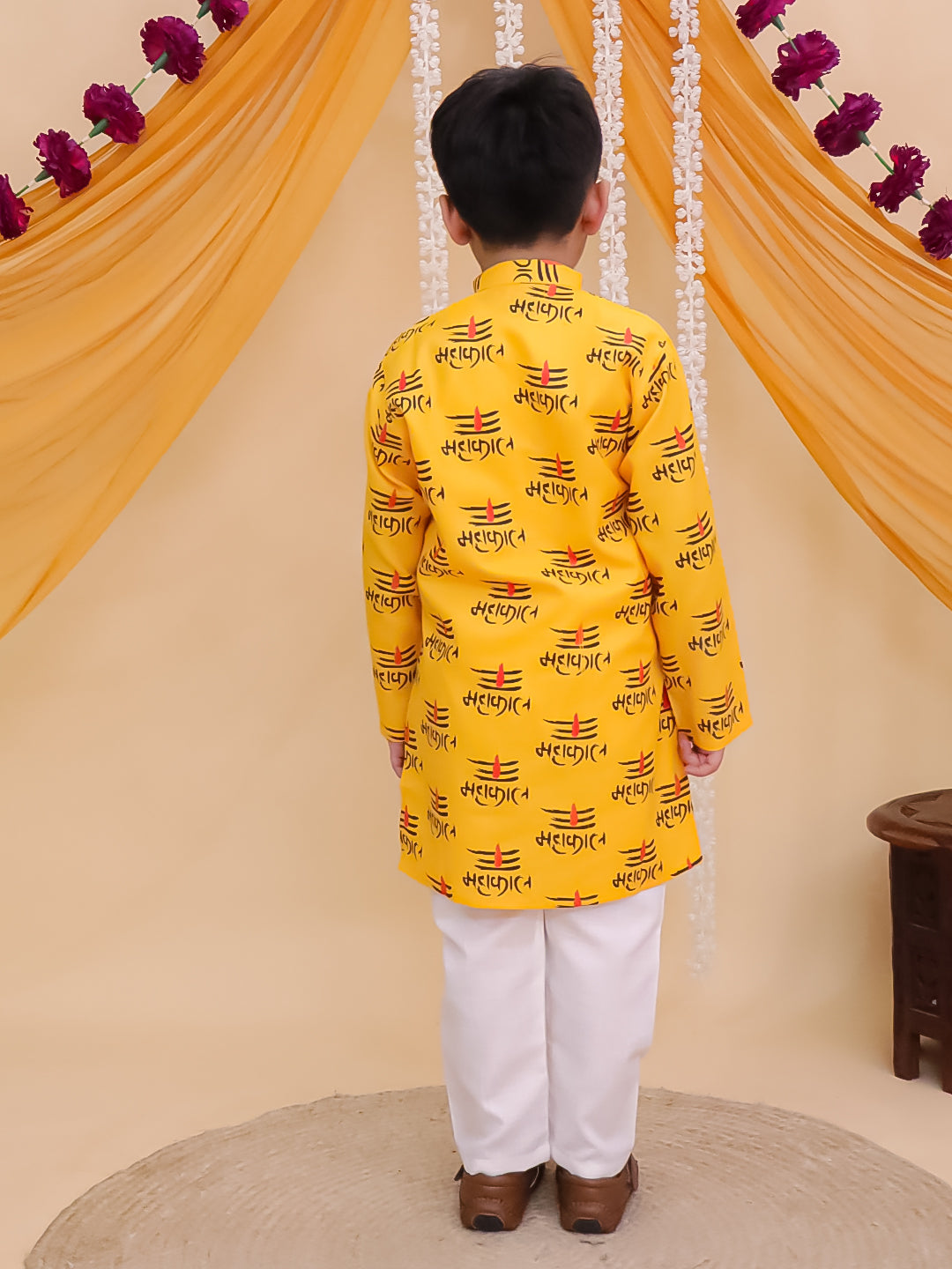 Boys Yellow Cotton Full sleeves Mahakal Printed Kurta Pyjama Set