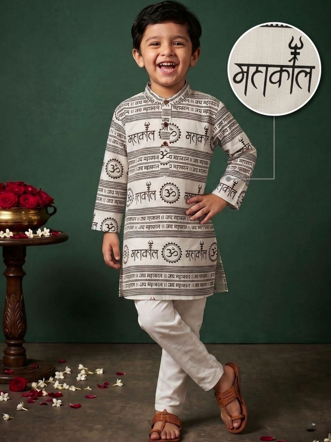 Boys White Cotton Full sleeves Om Mahakal Printed Kurta Pyjama Set
