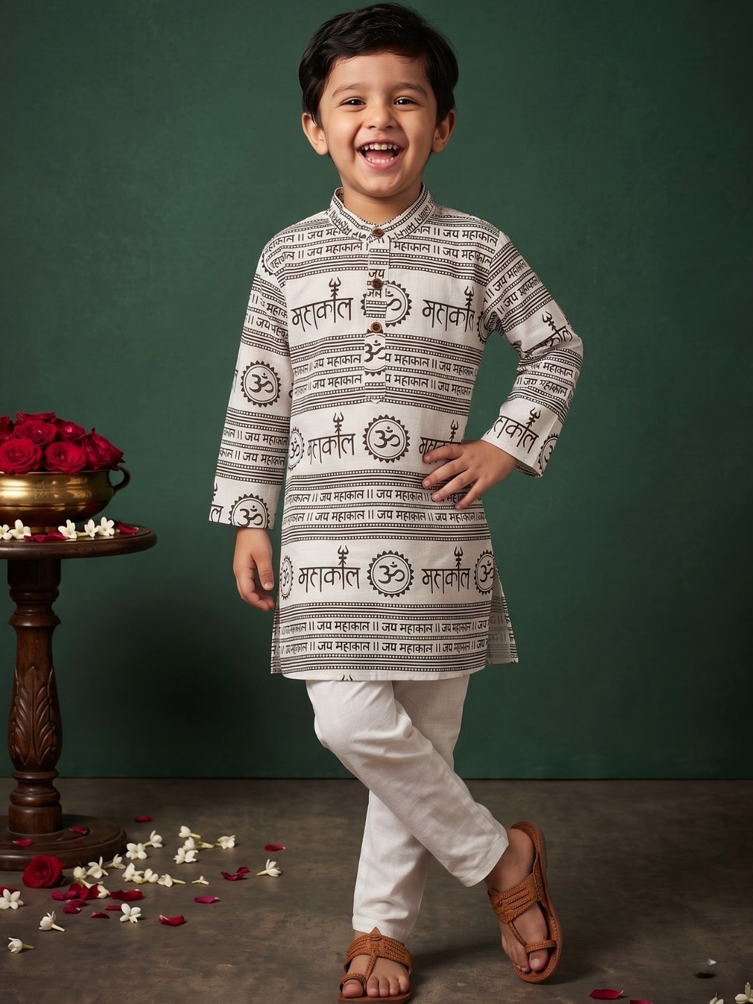 Boys White Cotton Full sleeves Om Mahakal Printed Kurta Pyjama Set