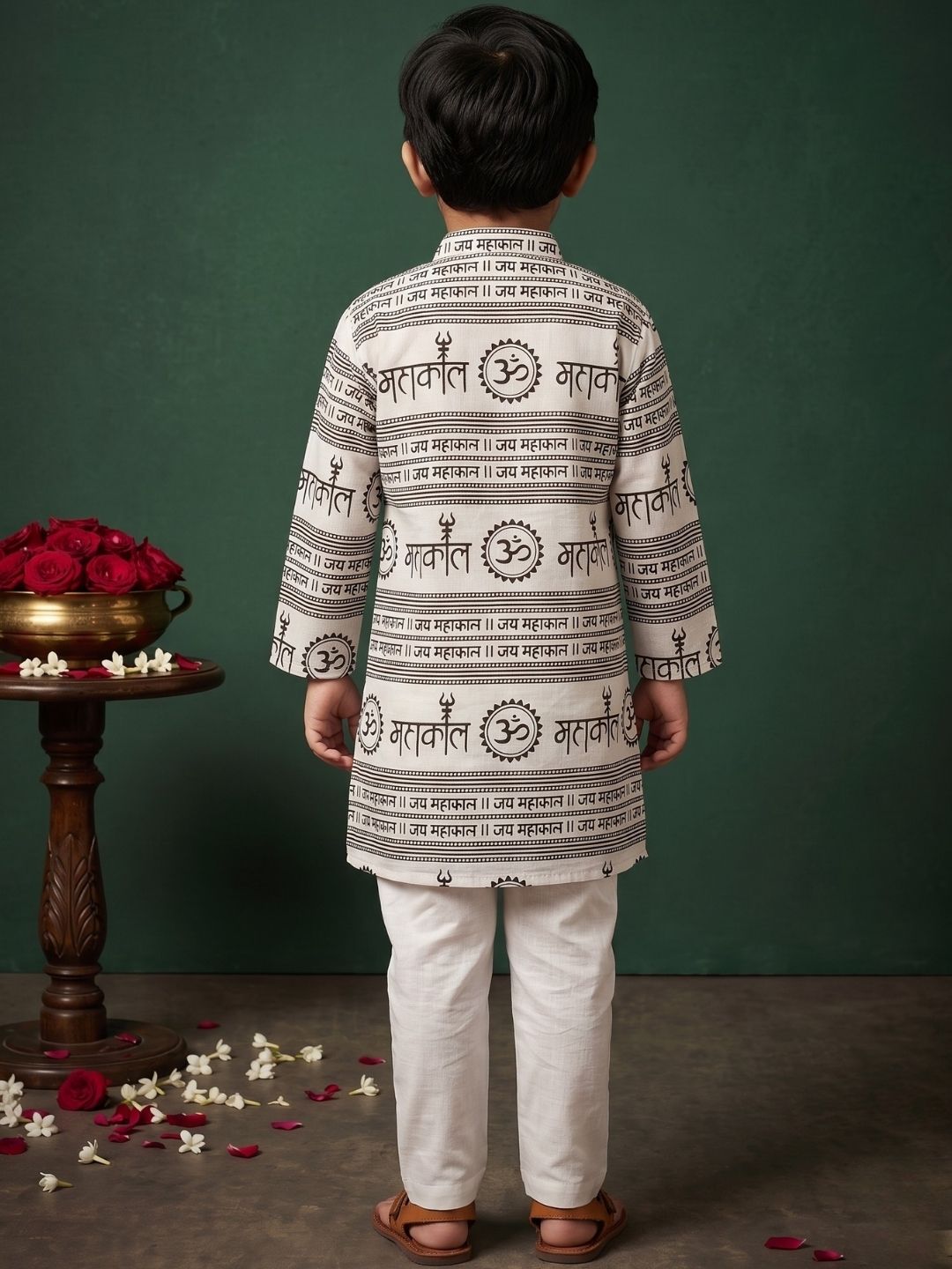 Boys White Cotton Full sleeves Om Mahakal Printed Kurta Pyjama Set