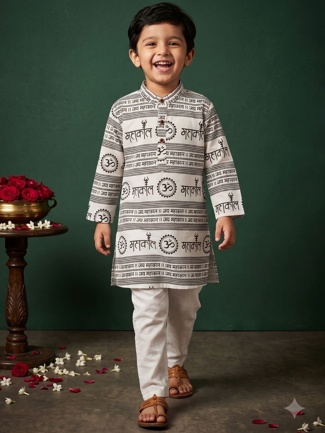 Boys White Cotton Full sleeves Om Mahakal Printed Kurta Pyjama Set