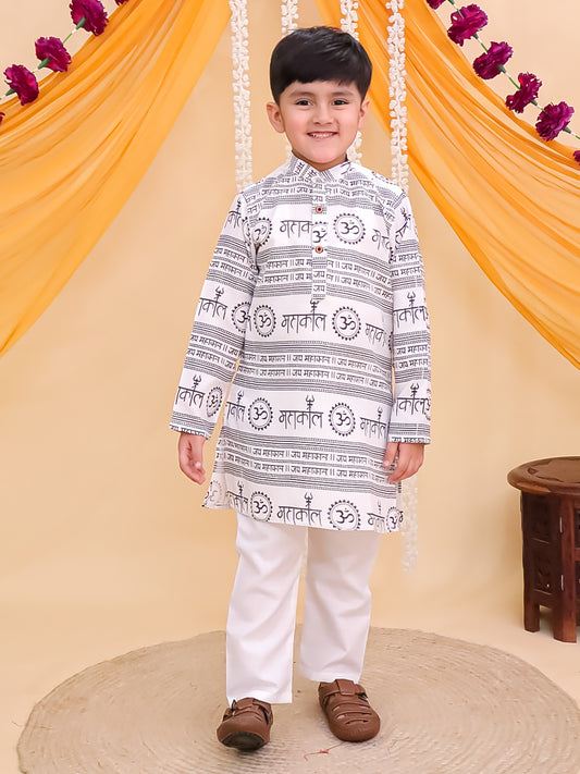 Boys White Cotton Full sleeves Om Mahakal Printed Kurta Pyjama Set
